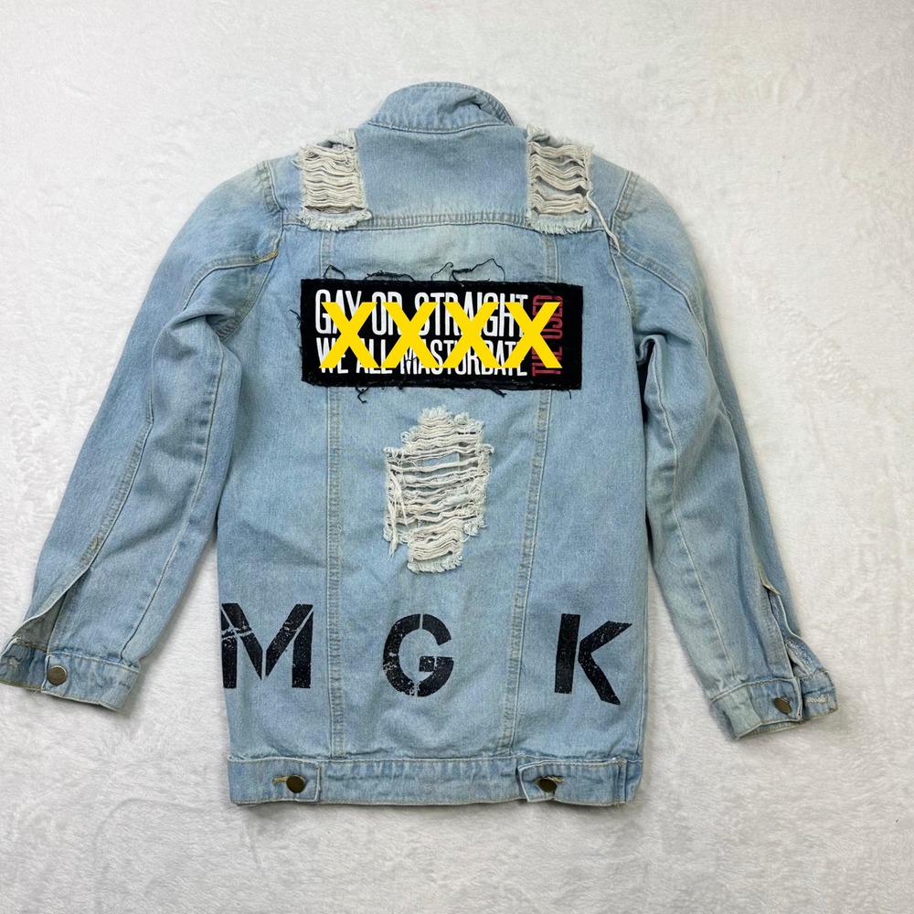 Distressed Jean Jacket Rips Patches MGK Small LGBTQ The Used Gay or‎ Straight